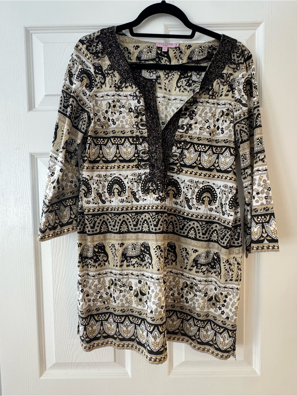 Calypso St. Barth Black, Cream & Gold Paisley Printed Tunic XS